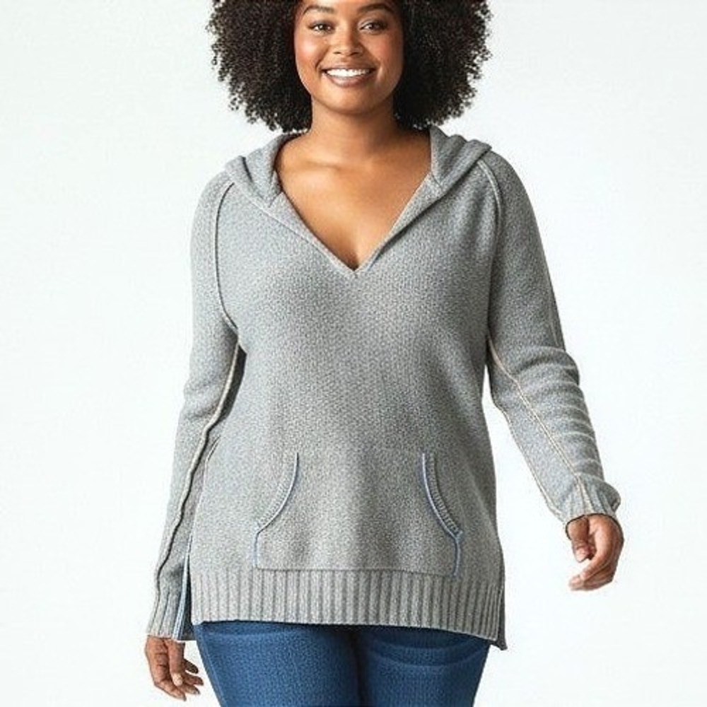 Cousin Johnny Gray Cotton Wool Blend V-Neck Hooded Sweater Exposed Seams Medium